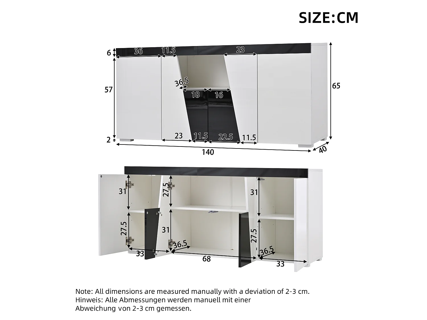 Set mueble TV y aparador blanco y negro, 180x38,5x45 cm y 140x40x65 cm, led y 6 puertas