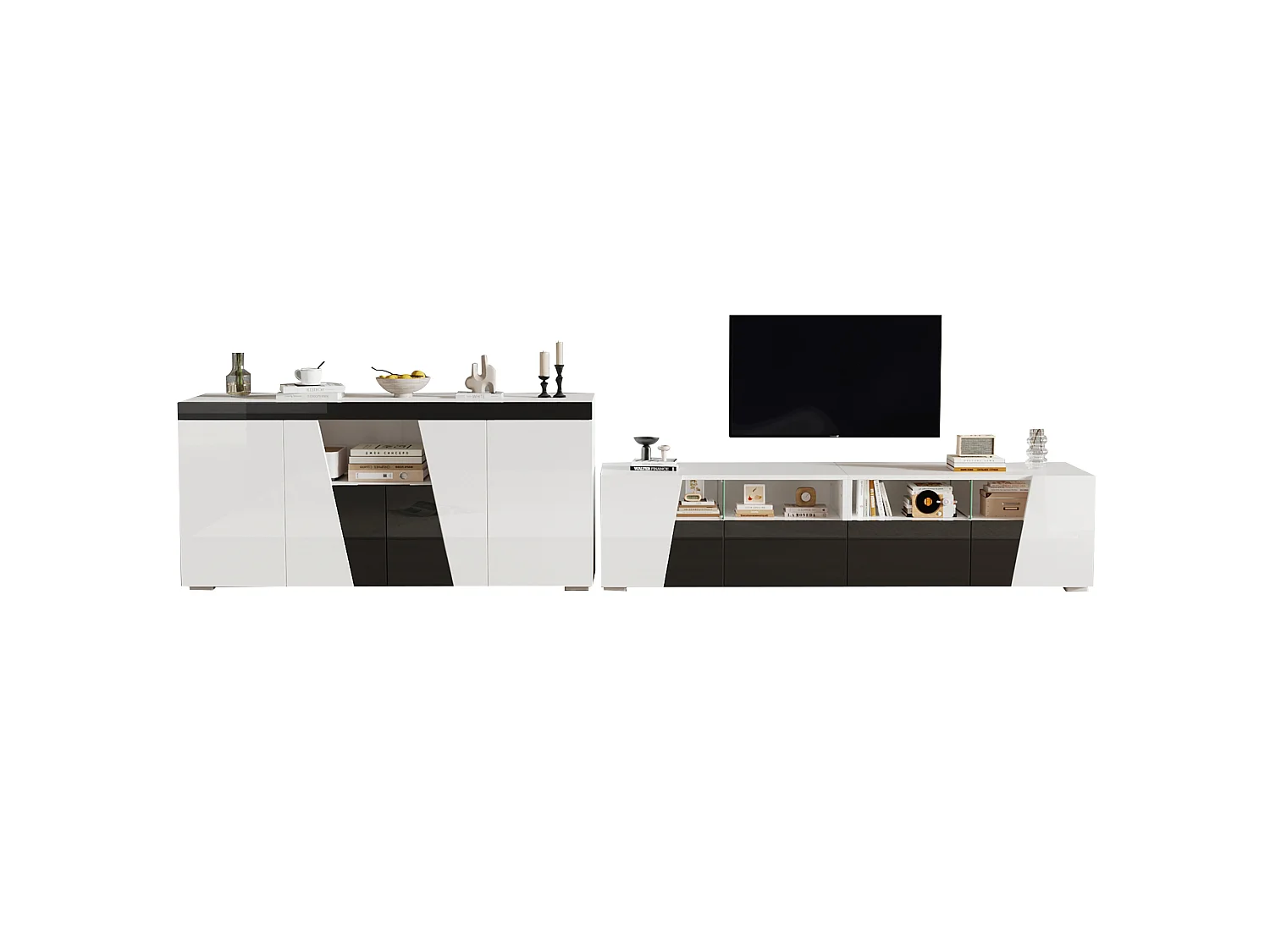 Set mueble TV y aparador blanco y negro, 180x38,5x45 cm y 140x40x65 cm, led y 6 puertas
