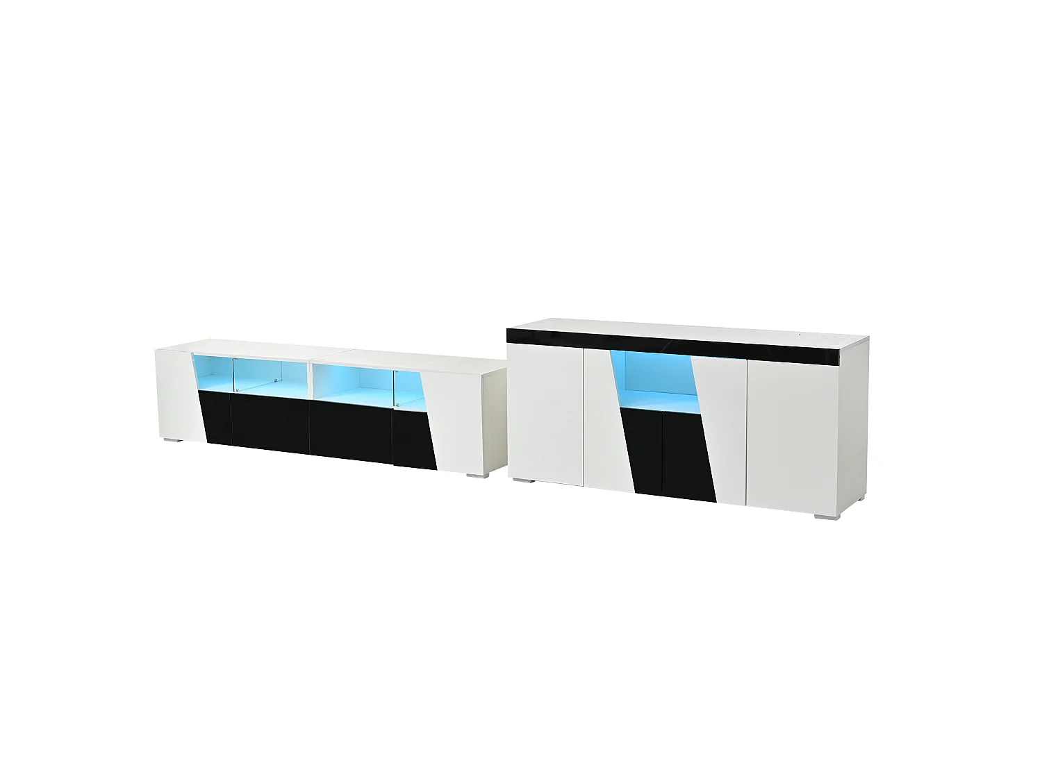 Set mueble TV y aparador blanco y negro, 180x38,5x45 cm y 140x40x65 cm, led y 6 puertas