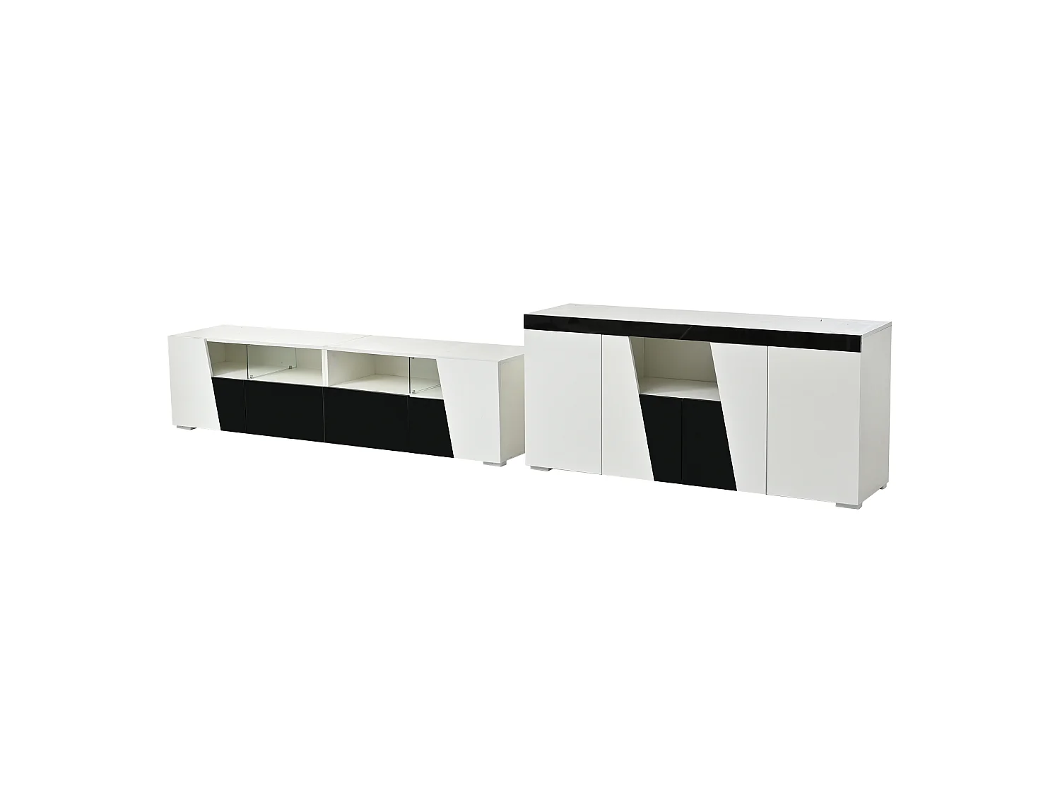 Set mueble TV y aparador blanco y negro, 180x38,5x45 cm y 140x40x65 cm, led y 6 puertas