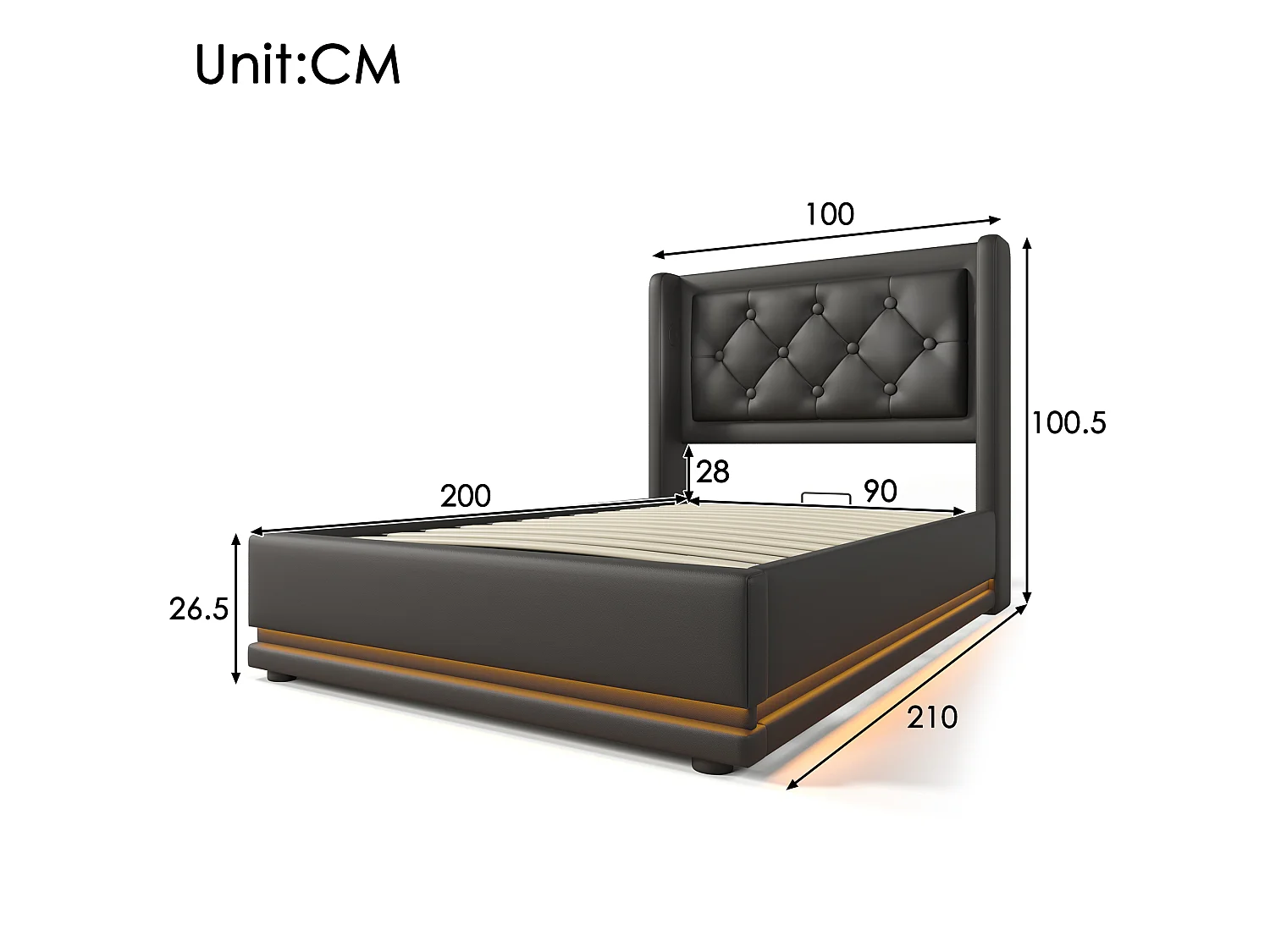 Lit coffre 90x200 cm avec tête de lit, USB / Type-C, LED - en cuir synthétique - noir - matelas inclus