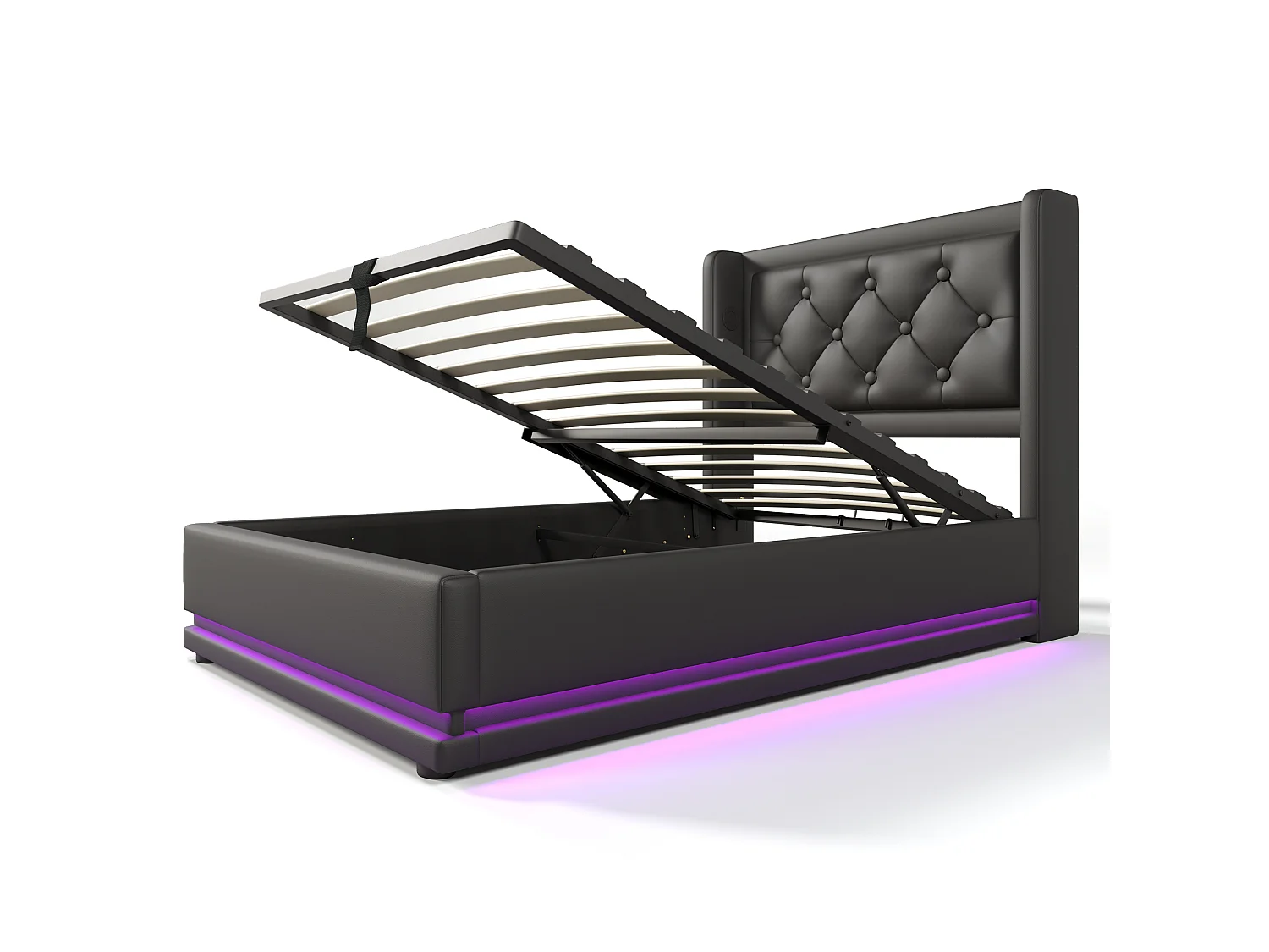 Lit coffre 90x200 cm avec tête de lit, USB / Type-C, LED - en cuir synthétique - noir - matelas inclus