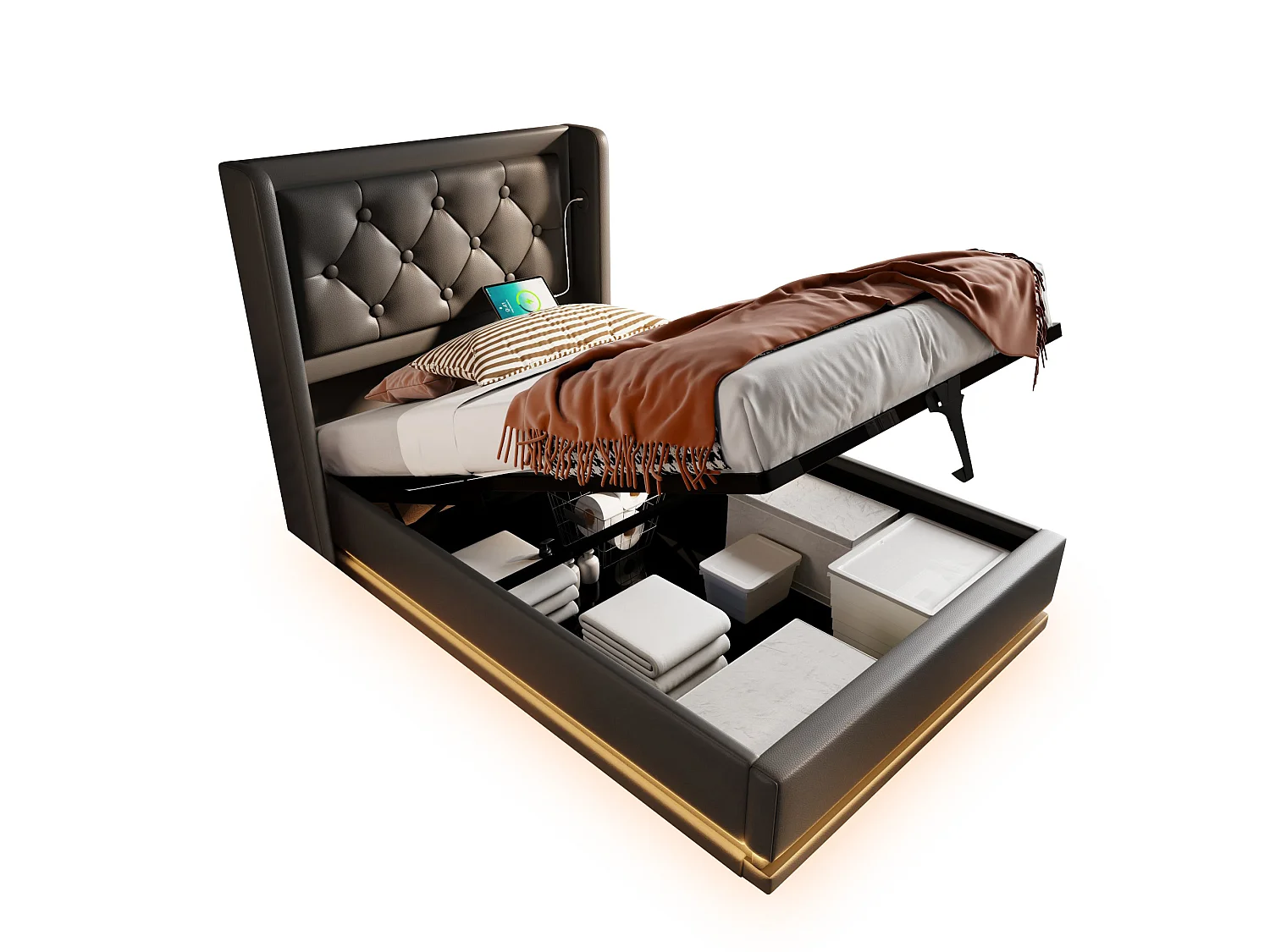 Lit coffre 90x200 cm avec tête de lit, USB / Type-C, LED - en cuir synthétique - noir - matelas inclus