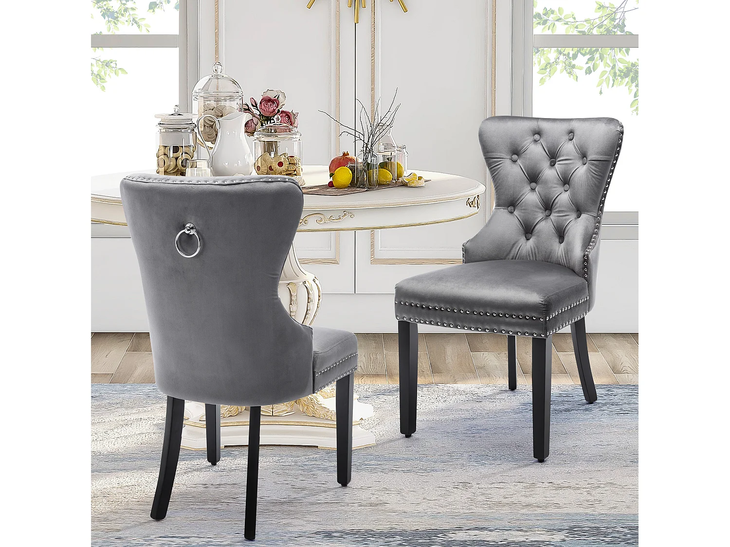 Juego de 2 sillas de comedor de terciopelo, decoración con remaches, patas de madera – gris
