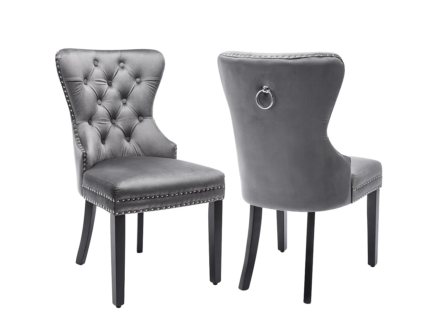 Juego de 2 sillas de comedor de terciopelo, decoración con remaches, patas de madera – gris