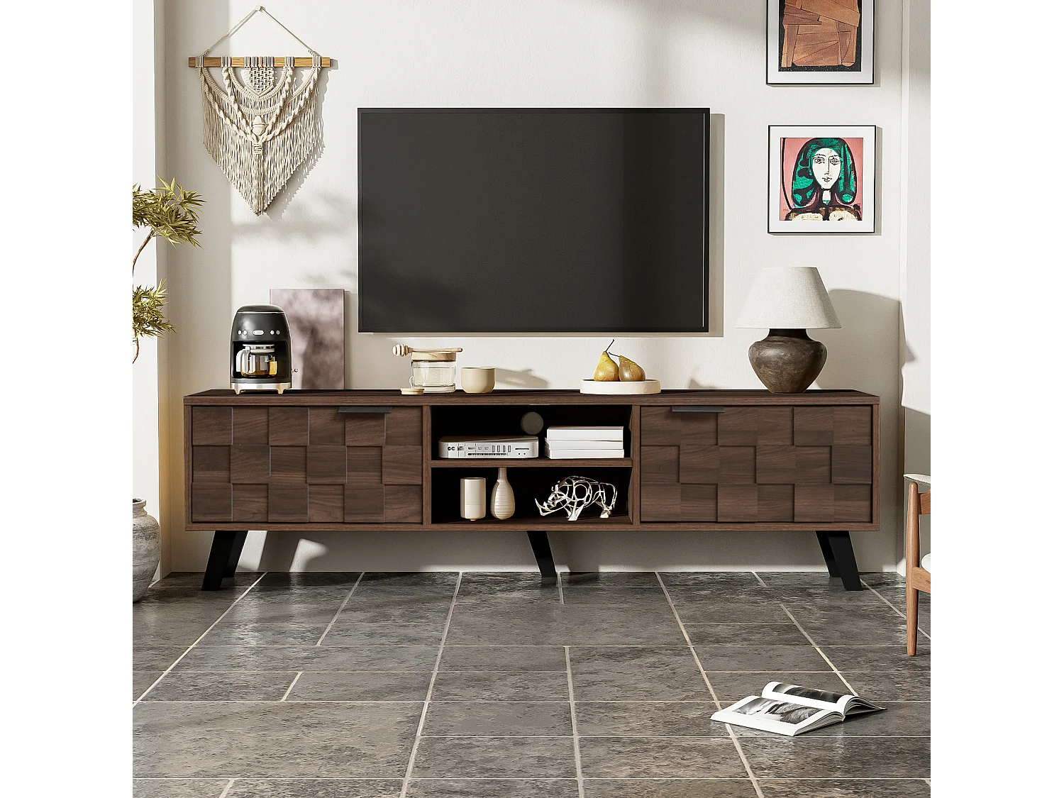 Meuble tv bois 160,5x35,5x45 cm avec 2 portes, 2 niches ouvertes et charnières à amortissement