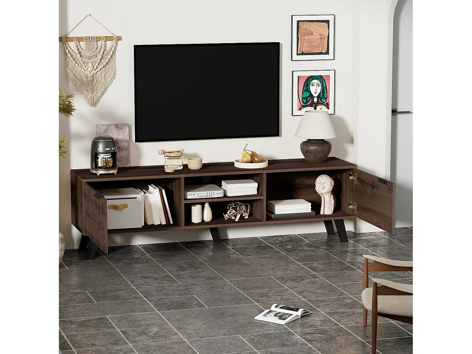 Meuble tv bois 160,5x35,5x45 cm avec 2 portes, 2 niches ouvertes et charnières à amortissement