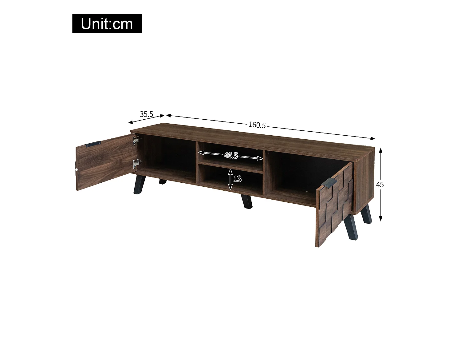 Meuble tv bois 160,5x35,5x45 cm avec 2 portes, 2 niches ouvertes et charnières à amortissement