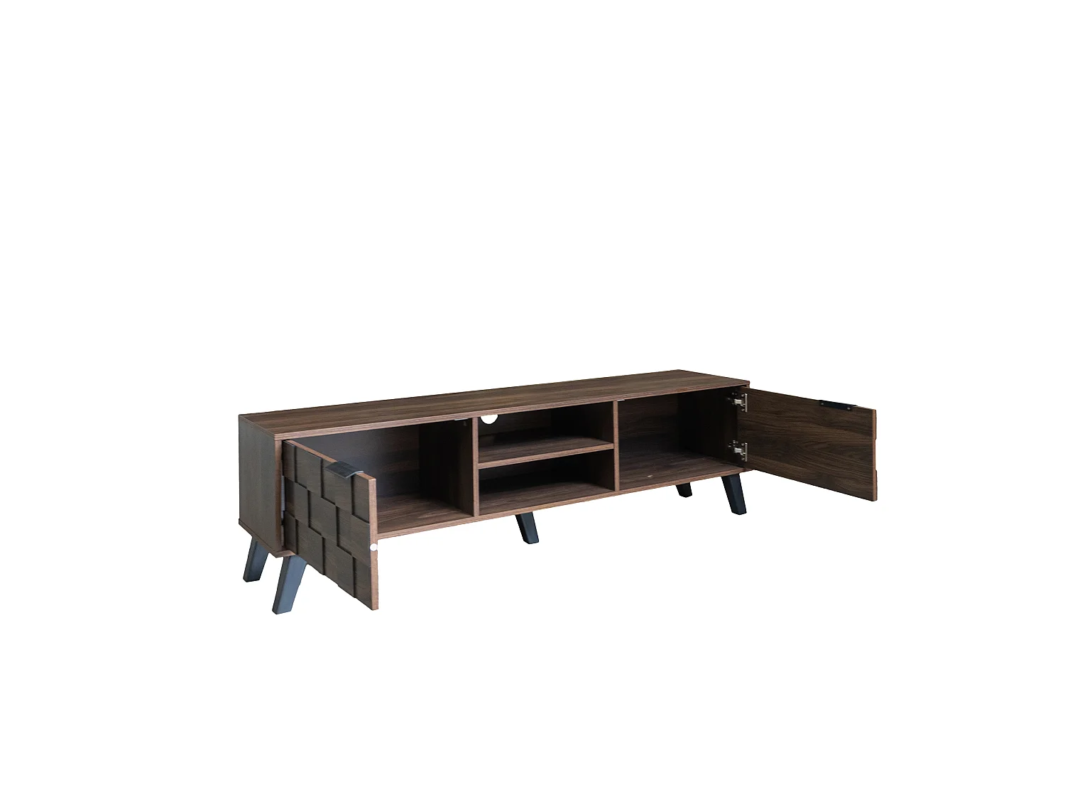 Meuble tv bois 160,5x35,5x45 cm avec 2 portes, 2 niches ouvertes et charnières à amortissement