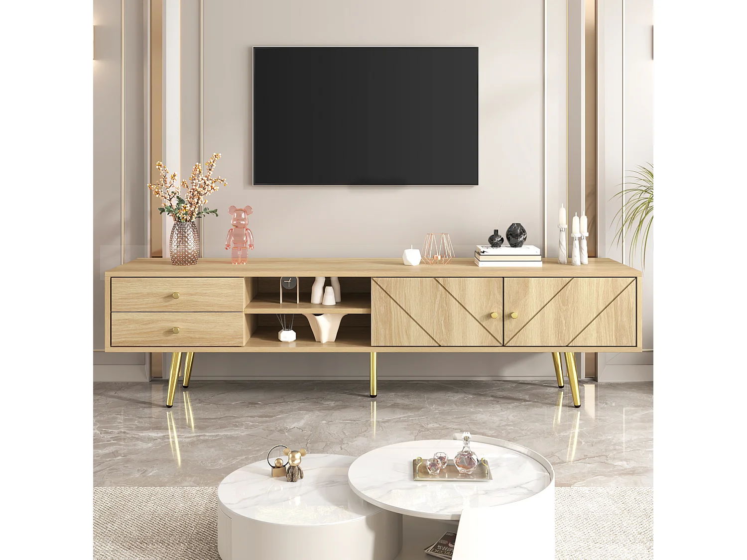Houten tv-meubel 160x36x42 cm met 2 gegroefde deuren, 2 laden, 2 open vakken en gouden poten