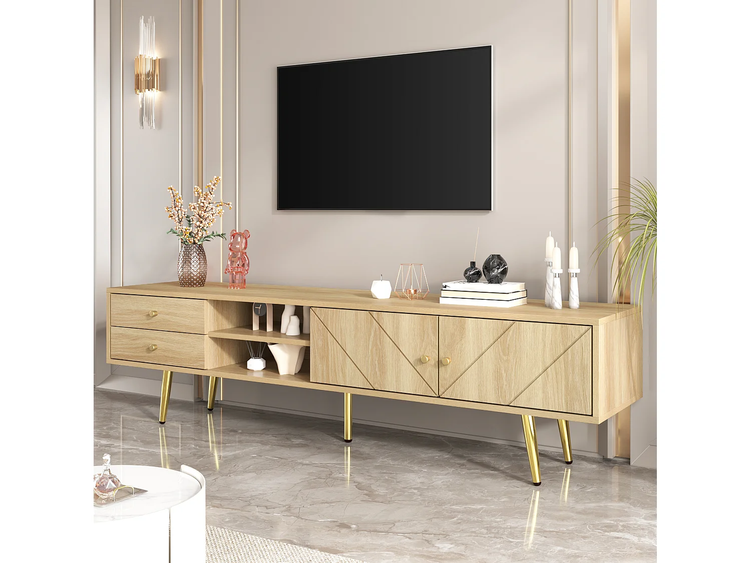 Houten tv-meubel 160x36x42 cm met 2 gegroefde deuren, 2 laden, 2 open vakken en gouden poten