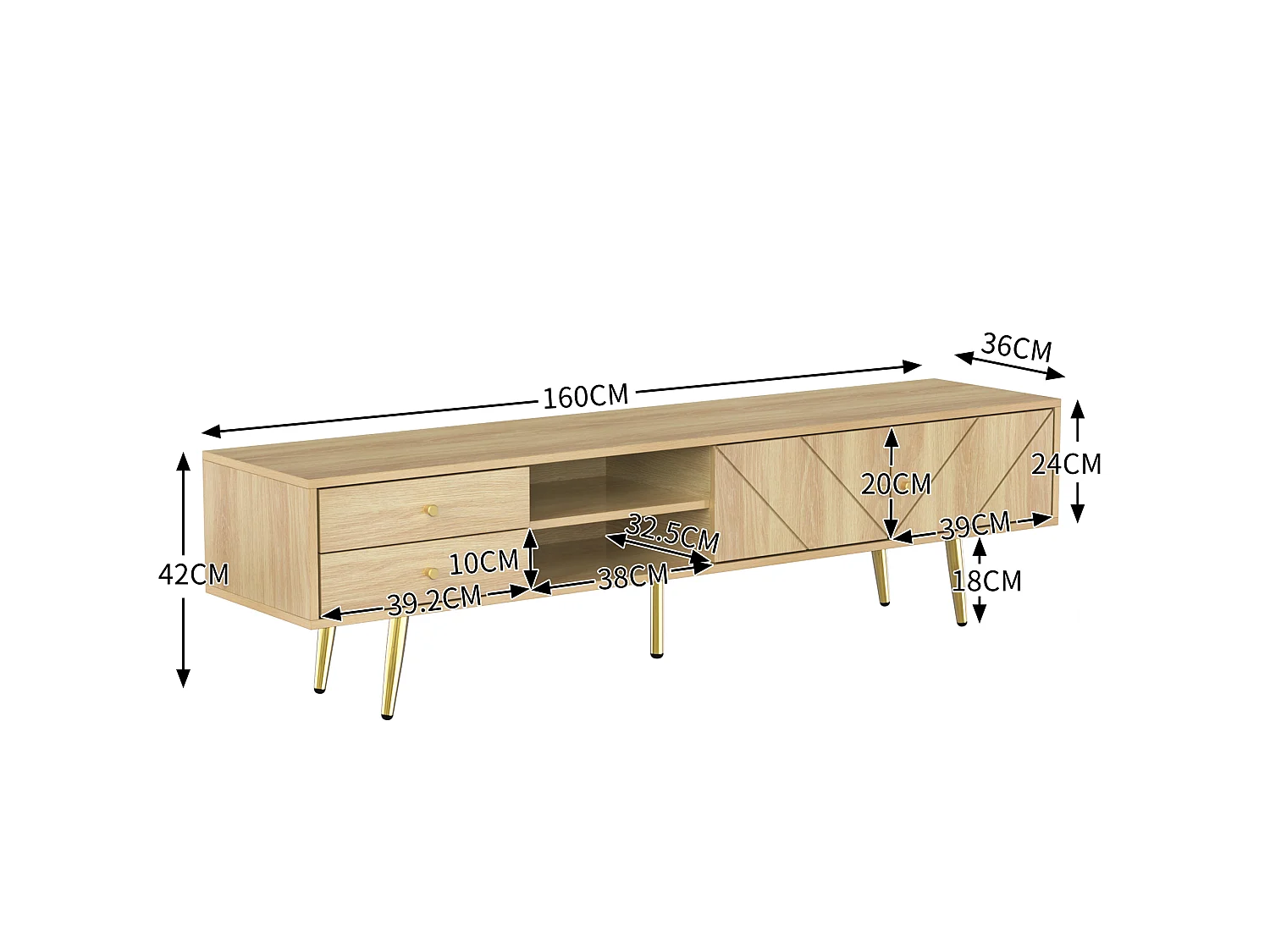 Houten tv-meubel 160x36x42 cm met 2 gegroefde deuren, 2 laden, 2 open vakken en gouden poten