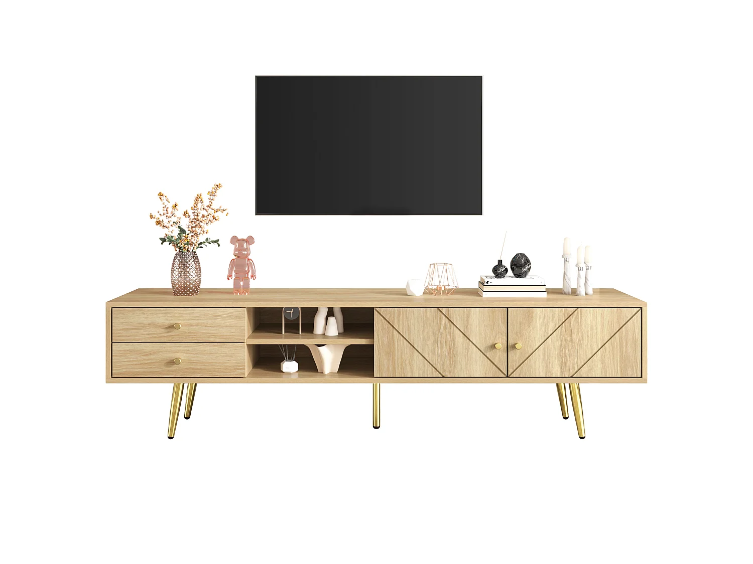 Houten tv-meubel 160x36x42 cm met 2 gegroefde deuren, 2 laden, 2 open vakken en gouden poten