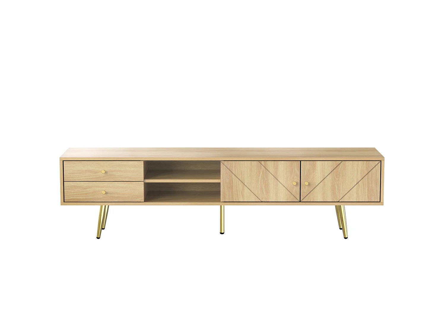 Houten tv-meubel 160x36x42 cm met 2 gegroefde deuren, 2 laden, 2 open vakken en gouden poten