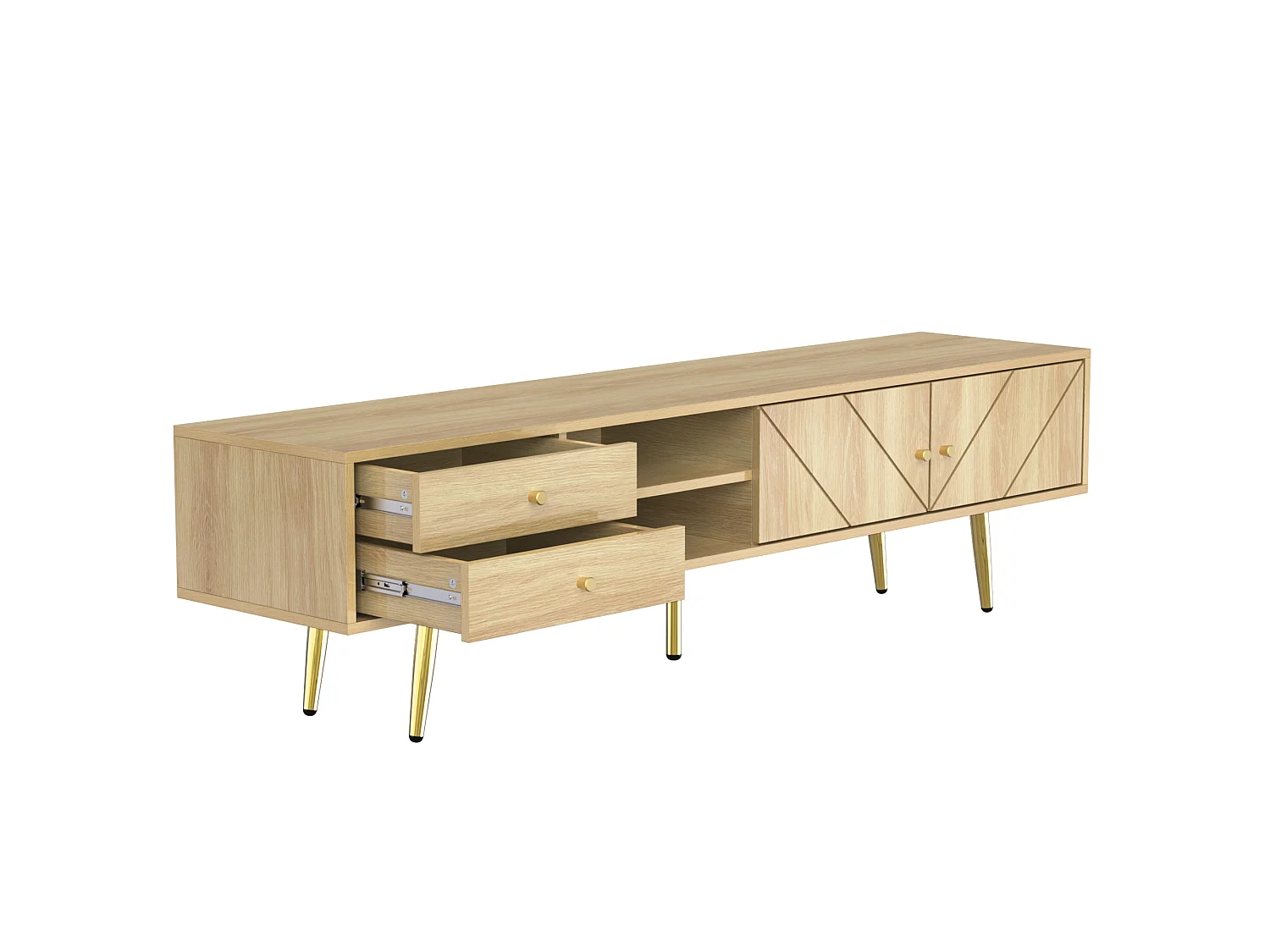 Houten tv-meubel 160x36x42 cm met 2 gegroefde deuren, 2 laden, 2 open vakken en gouden poten