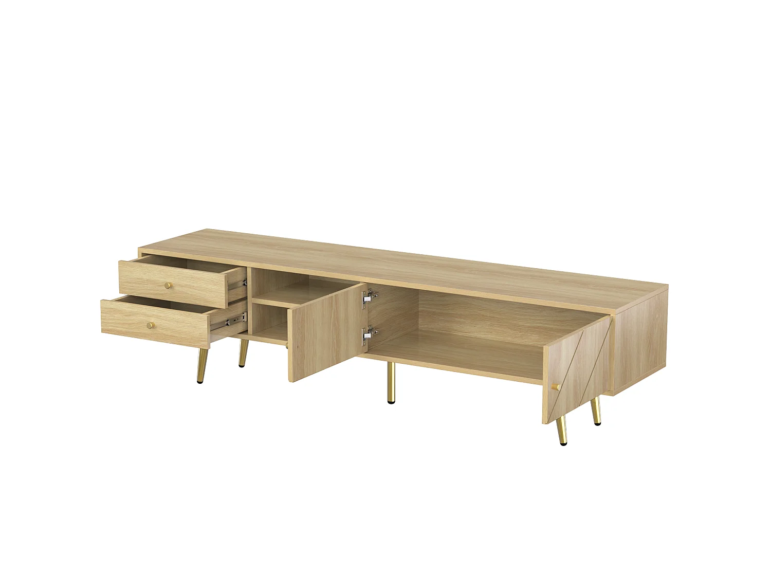 Houten tv-meubel 160x36x42 cm met 2 gegroefde deuren, 2 laden, 2 open vakken en gouden poten