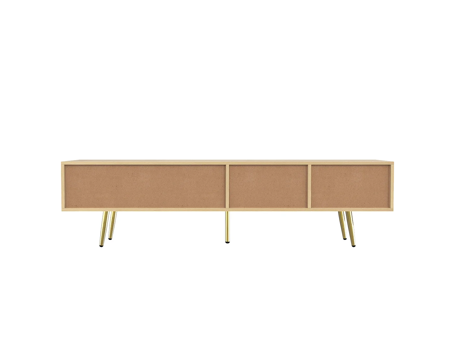 Houten tv-meubel 160x36x42 cm met 2 gegroefde deuren, 2 laden, 2 open vakken en gouden poten