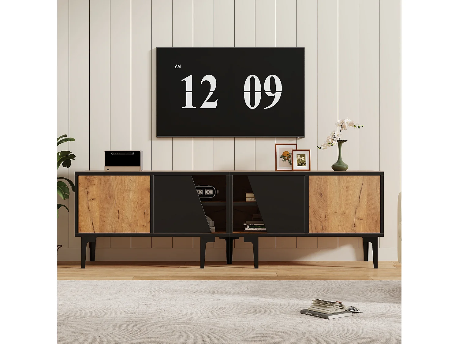 Naturel en zwart tv-meubel 160x36,5x45 cm met 4 compartimenten, diagonale deuren en 7 pvc-poten