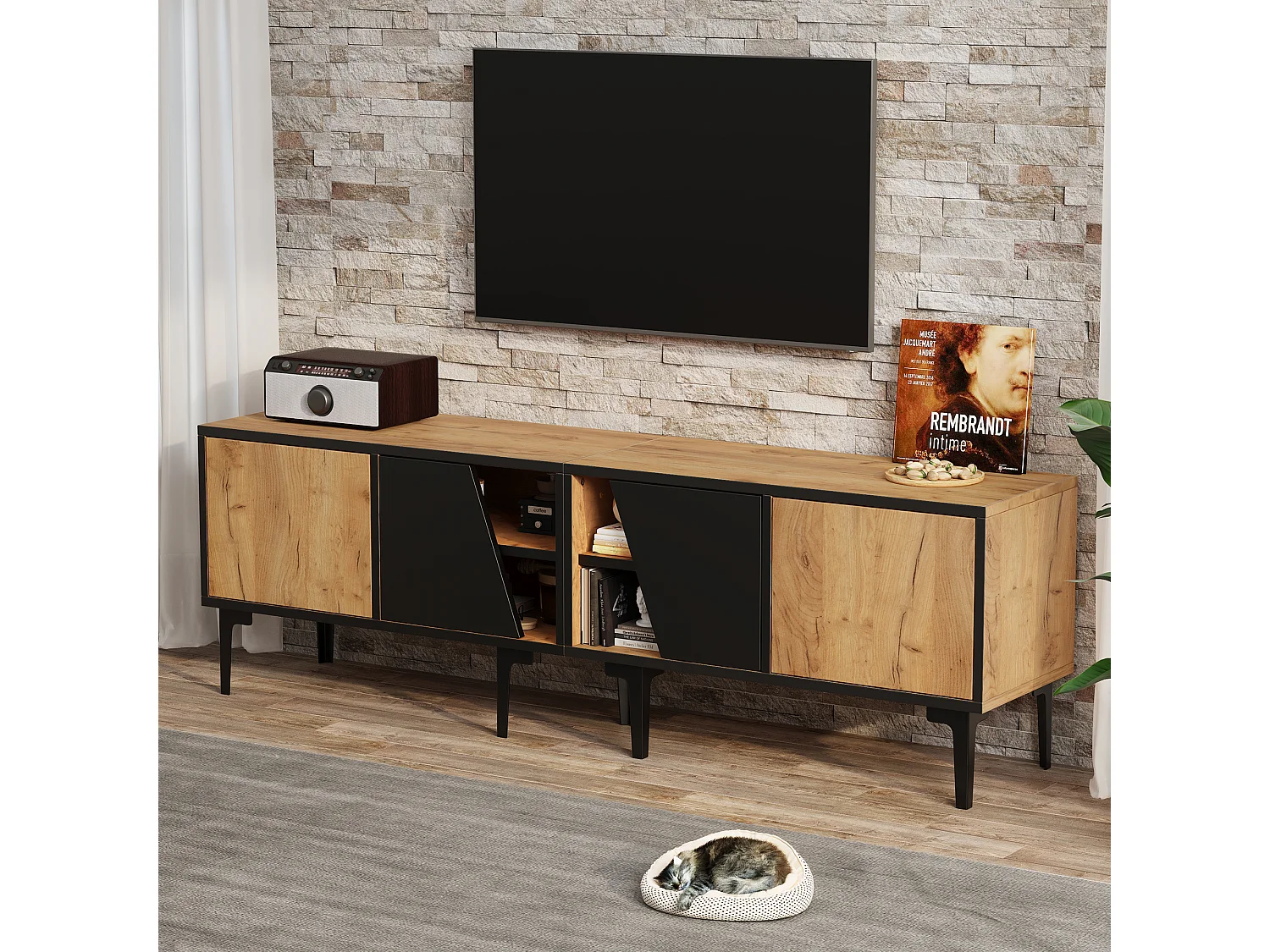 Naturel en zwart tv-meubel 160x36,5x45 cm met 4 compartimenten, diagonale deuren en 7 pvc-poten
