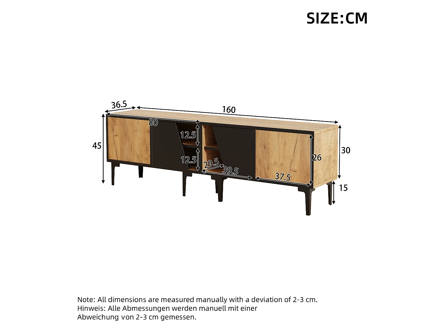 Naturel en zwart tv-meubel 160x36,5x45 cm met 4 compartimenten, diagonale deuren en 7 pvc-poten