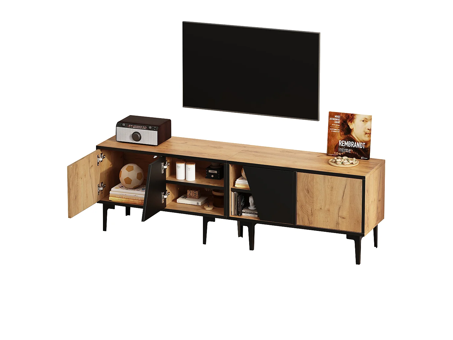 Naturel en zwart tv-meubel 160x36,5x45 cm met 4 compartimenten, diagonale deuren en 7 pvc-poten