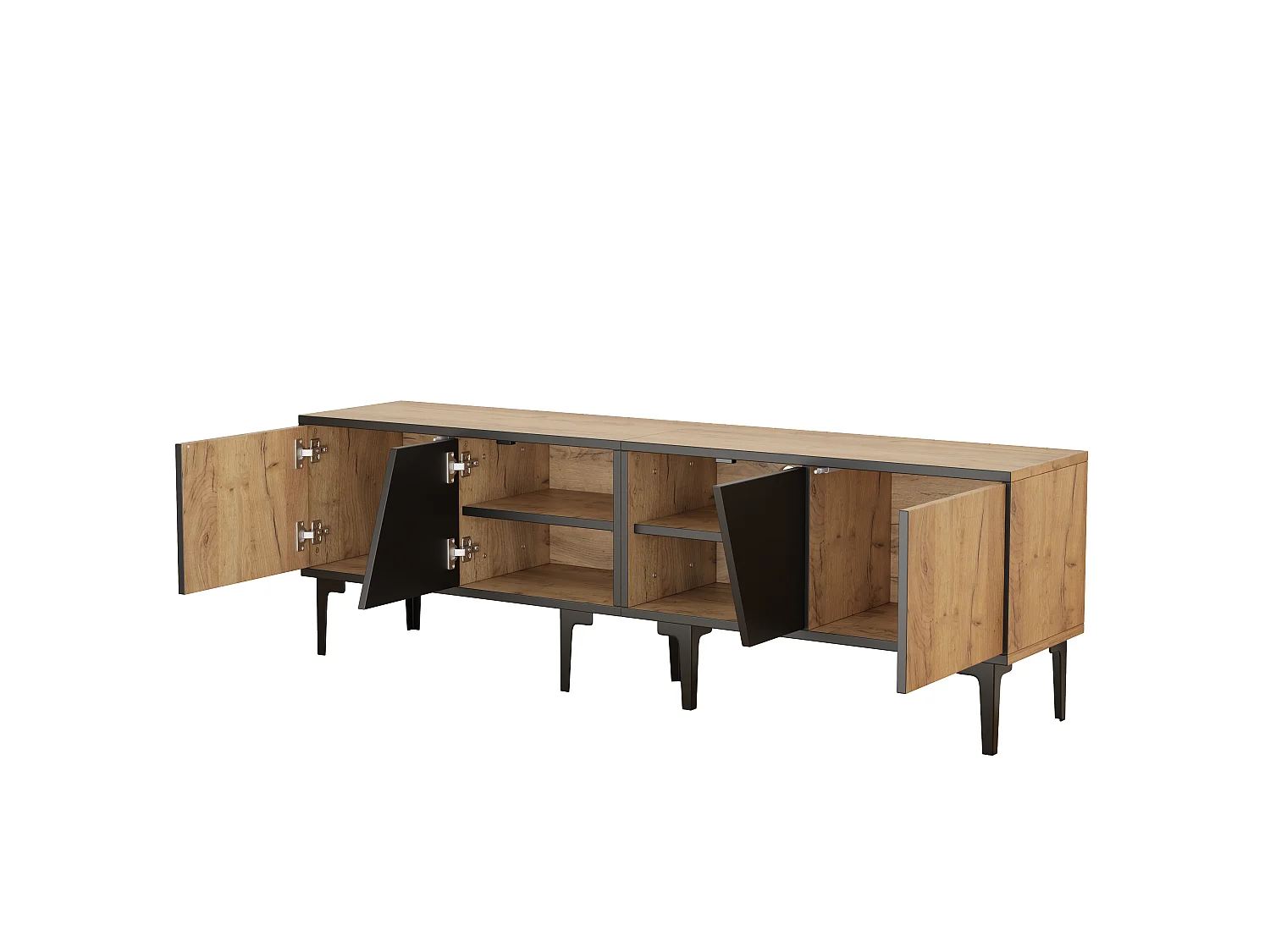 Naturel en zwart tv-meubel 160x36,5x45 cm met 4 compartimenten, diagonale deuren en 7 pvc-poten