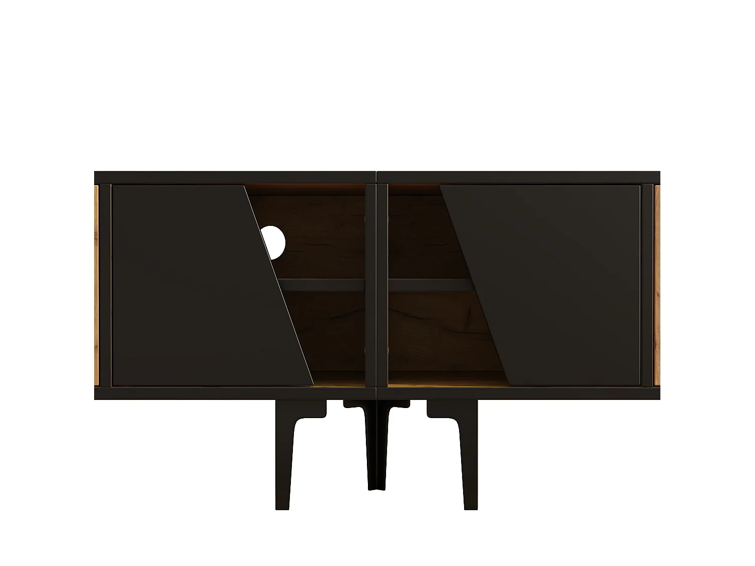 Naturel en zwart tv-meubel 160x36,5x45 cm met 4 compartimenten, diagonale deuren en 7 pvc-poten