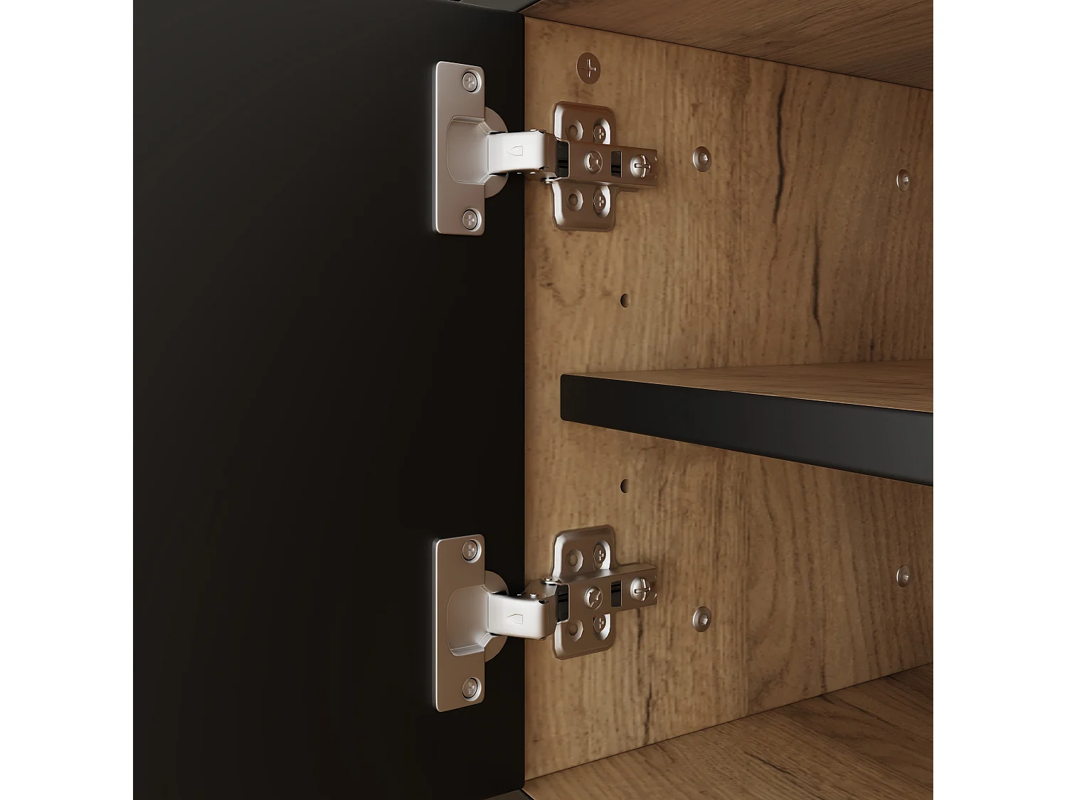 Naturel en zwart tv-meubel 160x36,5x45 cm met 4 compartimenten, diagonale deuren en 7 pvc-poten