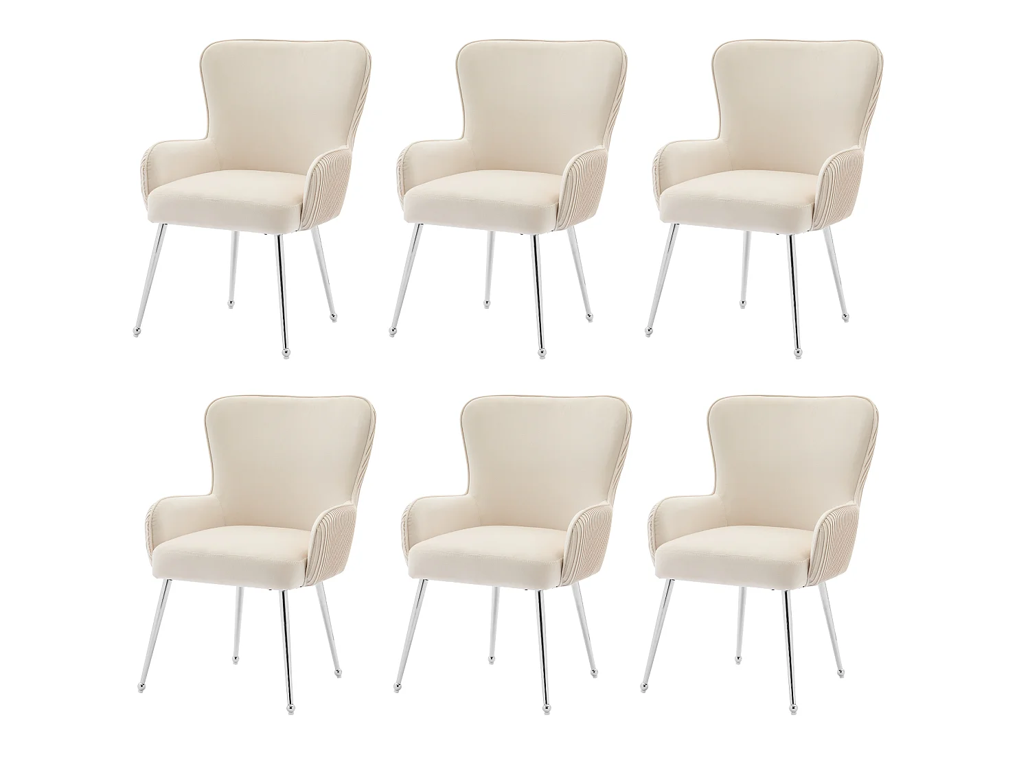 Juego de 6 sillas de comedor de terciopelo con patas de metal, con reposabrazos y apoyo lumbar – beige