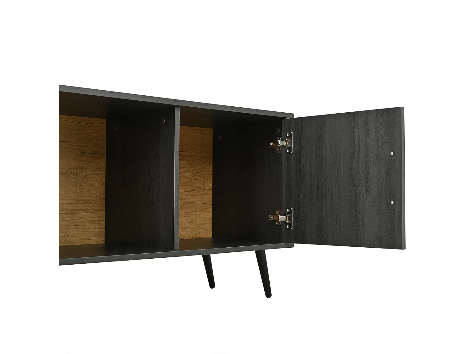 Szafka RTV szara i ciemne drewno 200x40x55,5 cm z 3 drzwiami, 1 otwartą wnęką i szkłem changhong