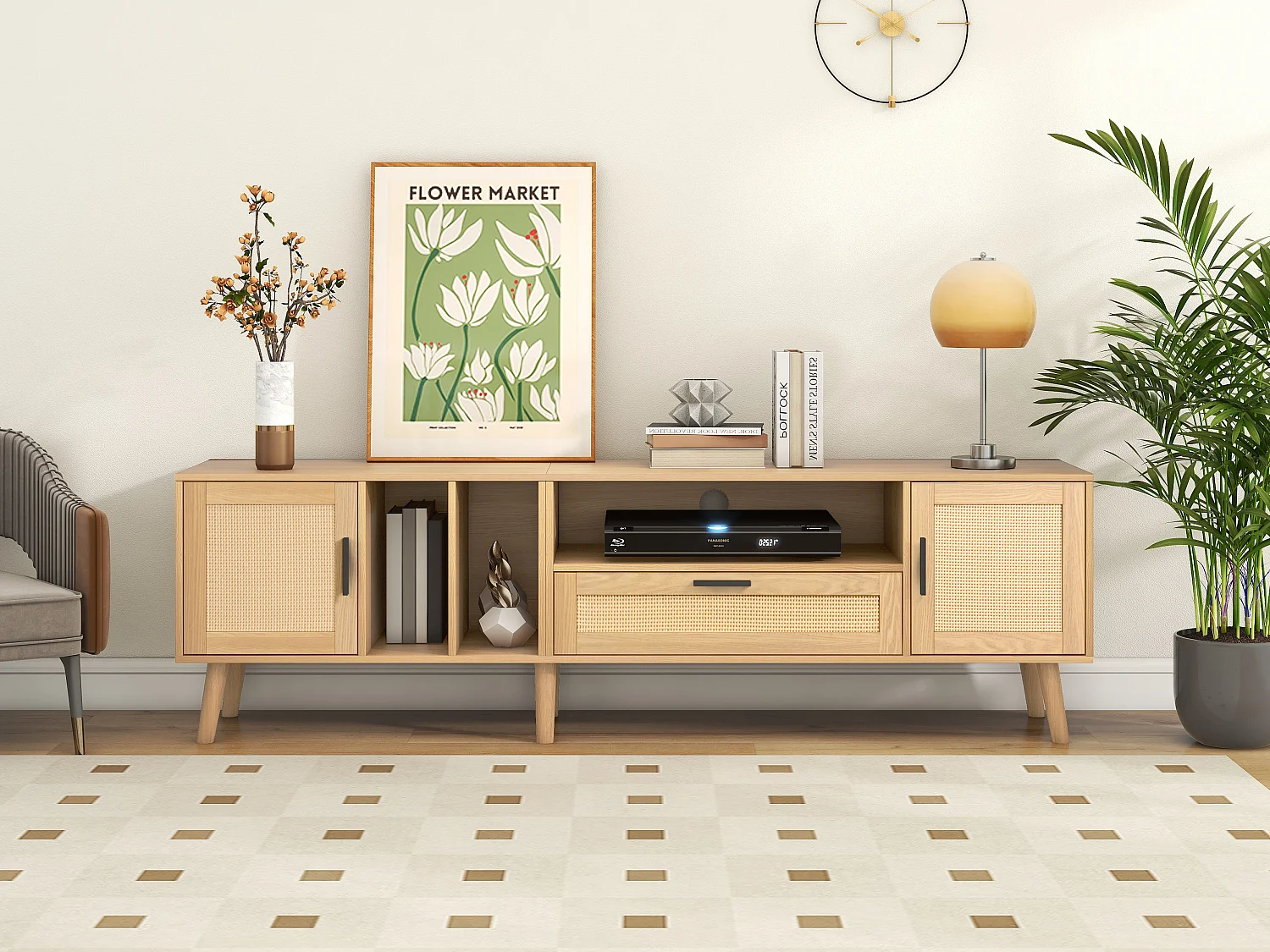 Meuble tv chêne 180 cm avec 2 portes en rotin, 1 tiroir et passe-câbles