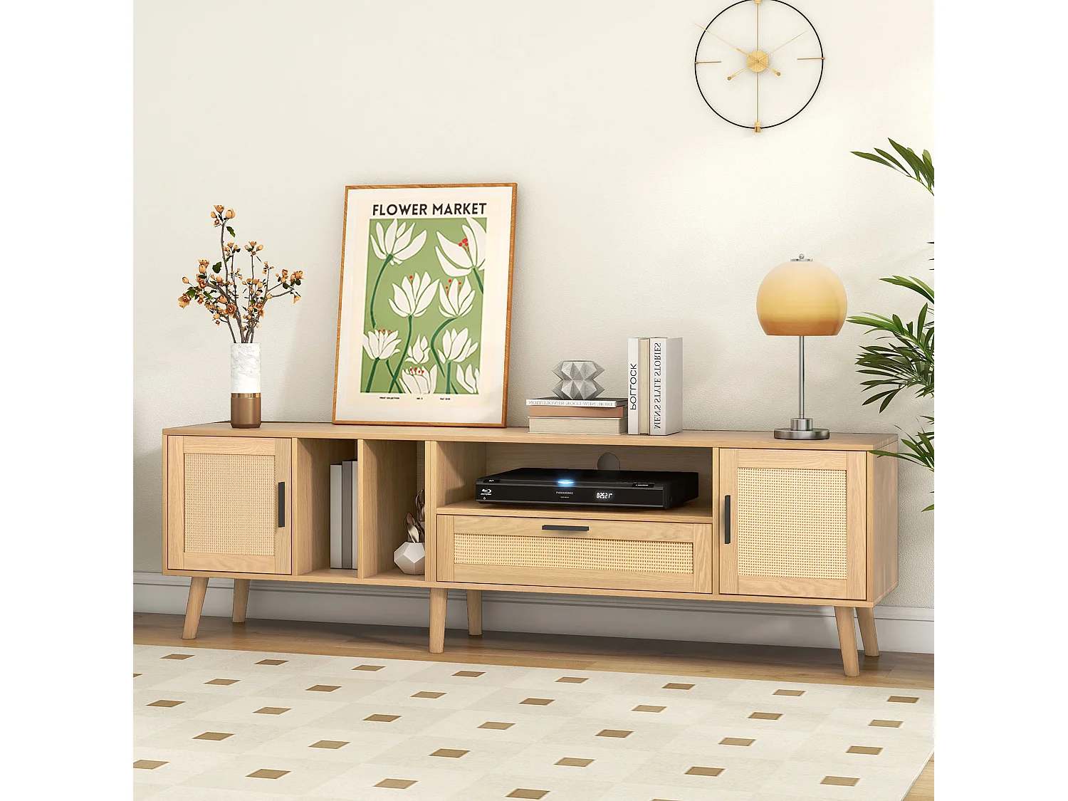 Meuble tv chêne 180 cm avec 2 portes en rotin, 1 tiroir et passe-câbles