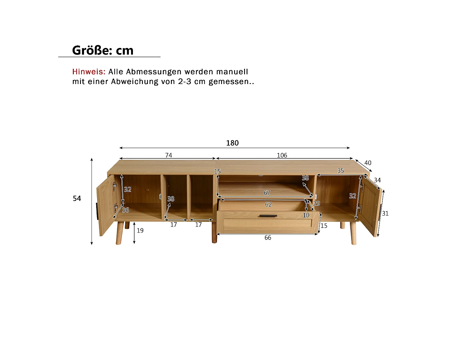 Meuble tv chêne 180 cm avec 2 portes en rotin, 1 tiroir et passe-câbles