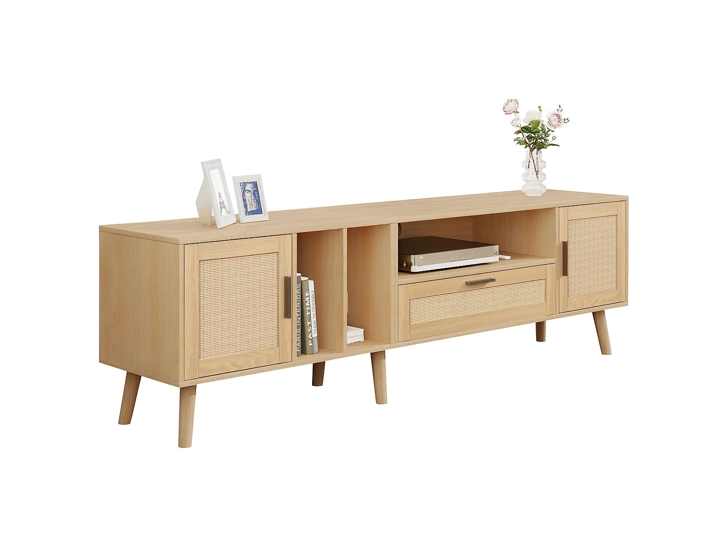 Meuble tv chêne 180 cm avec 2 portes en rotin, 1 tiroir et passe-câbles