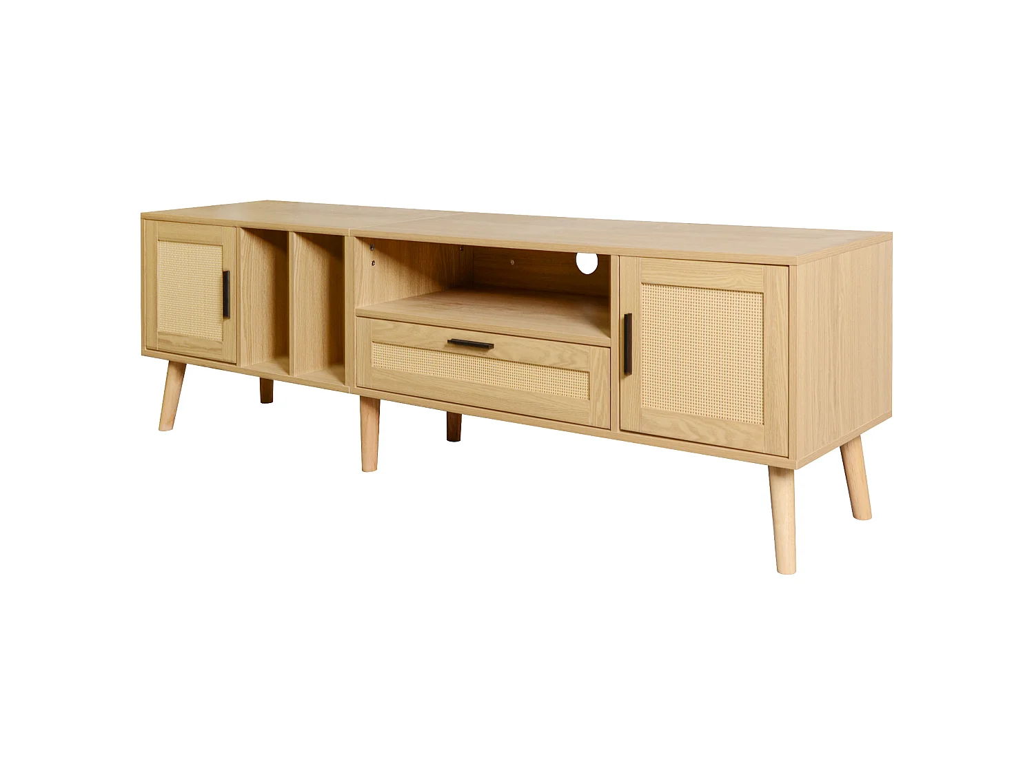 Meuble tv chêne 180 cm avec 2 portes en rotin, 1 tiroir et passe-câbles