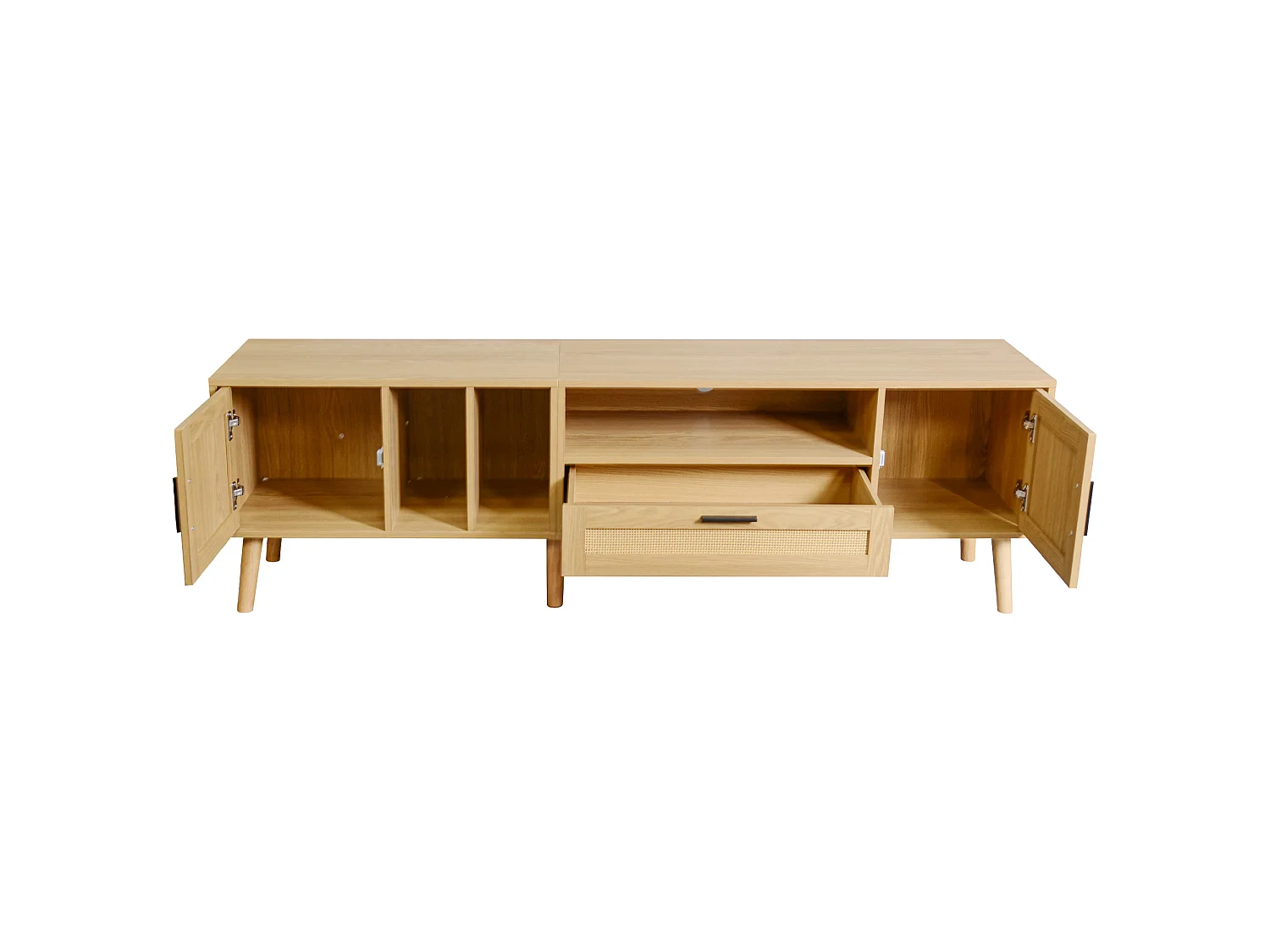 Meuble tv chêne 180 cm avec 2 portes en rotin, 1 tiroir et passe-câbles