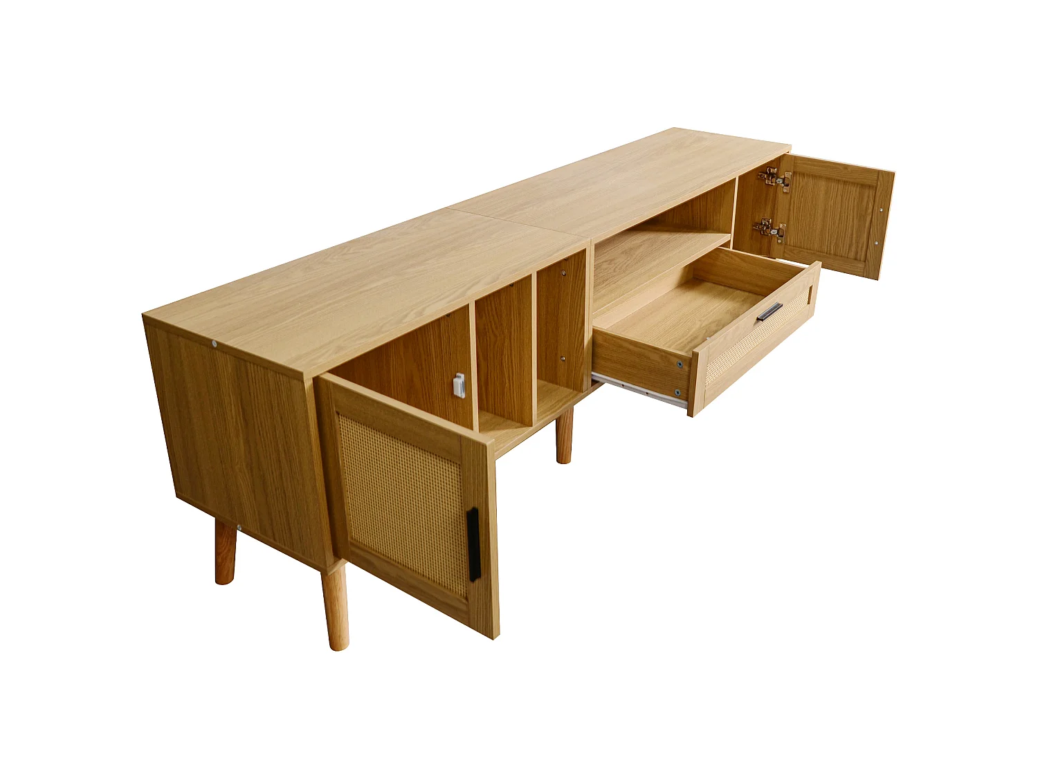 Meuble tv chêne 180 cm avec 2 portes en rotin, 1 tiroir et passe-câbles
