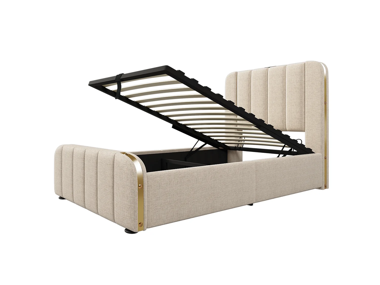 Lit coffre 90x200 cm - avec tête de lit, USB / Type-C, sommier à lattes - en lin - beige - sans matelas