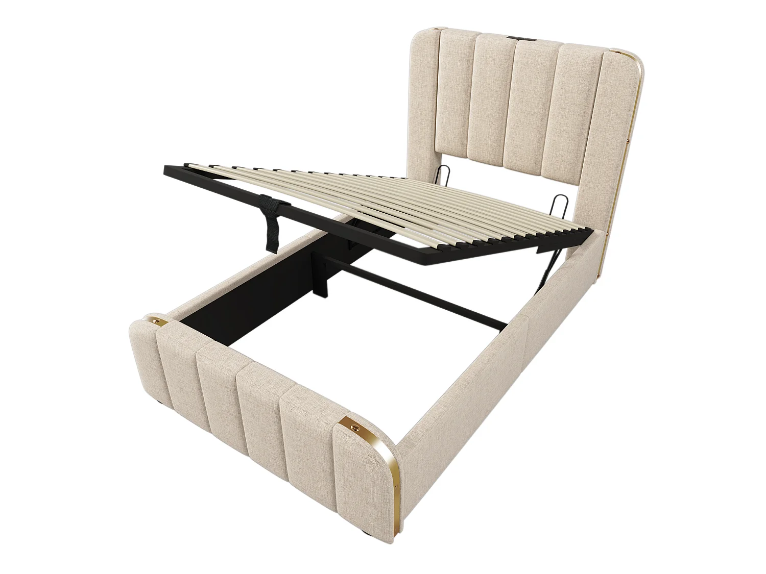 Lit coffre 90x200 cm - avec tête de lit, USB / Type-C, sommier à lattes - en lin - beige - sans matelas