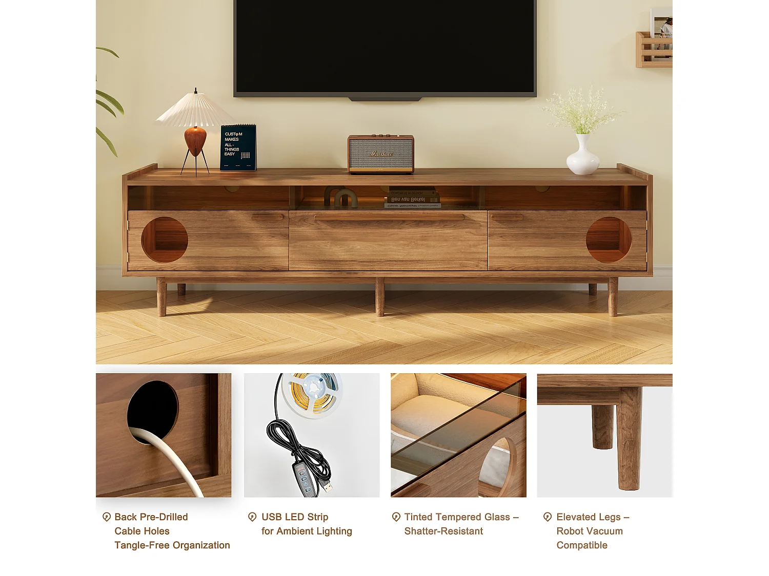 Meuble tv noyer 180x40x50 cm avec LED, 2 portes en verre trempé et espace de repos pour chat