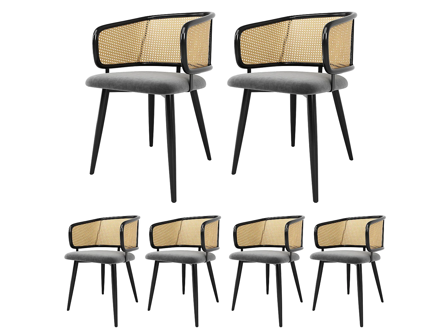 Juego de 6 sillas de comedor en terciopelo y metal, respaldo de ratán - gris - para salón y comedor