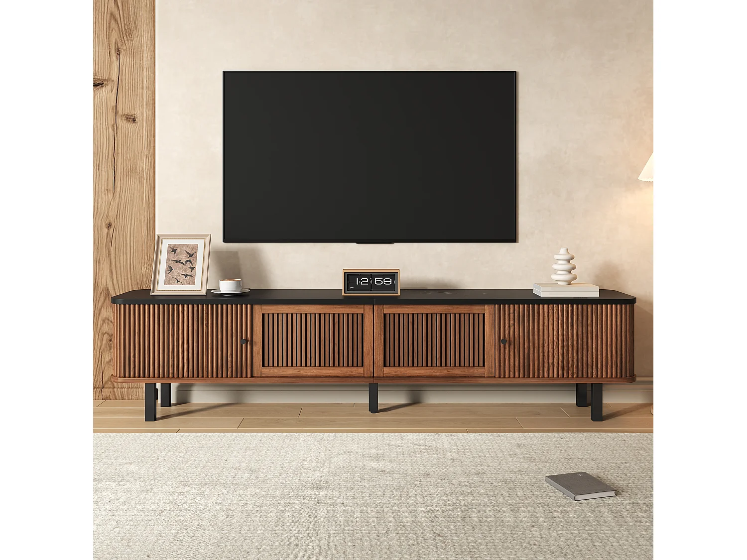 Notenhouten tv-meubel 190x35x45 cm met schuifdeuren, roosterdeur en zwart ijzeren handgrepen