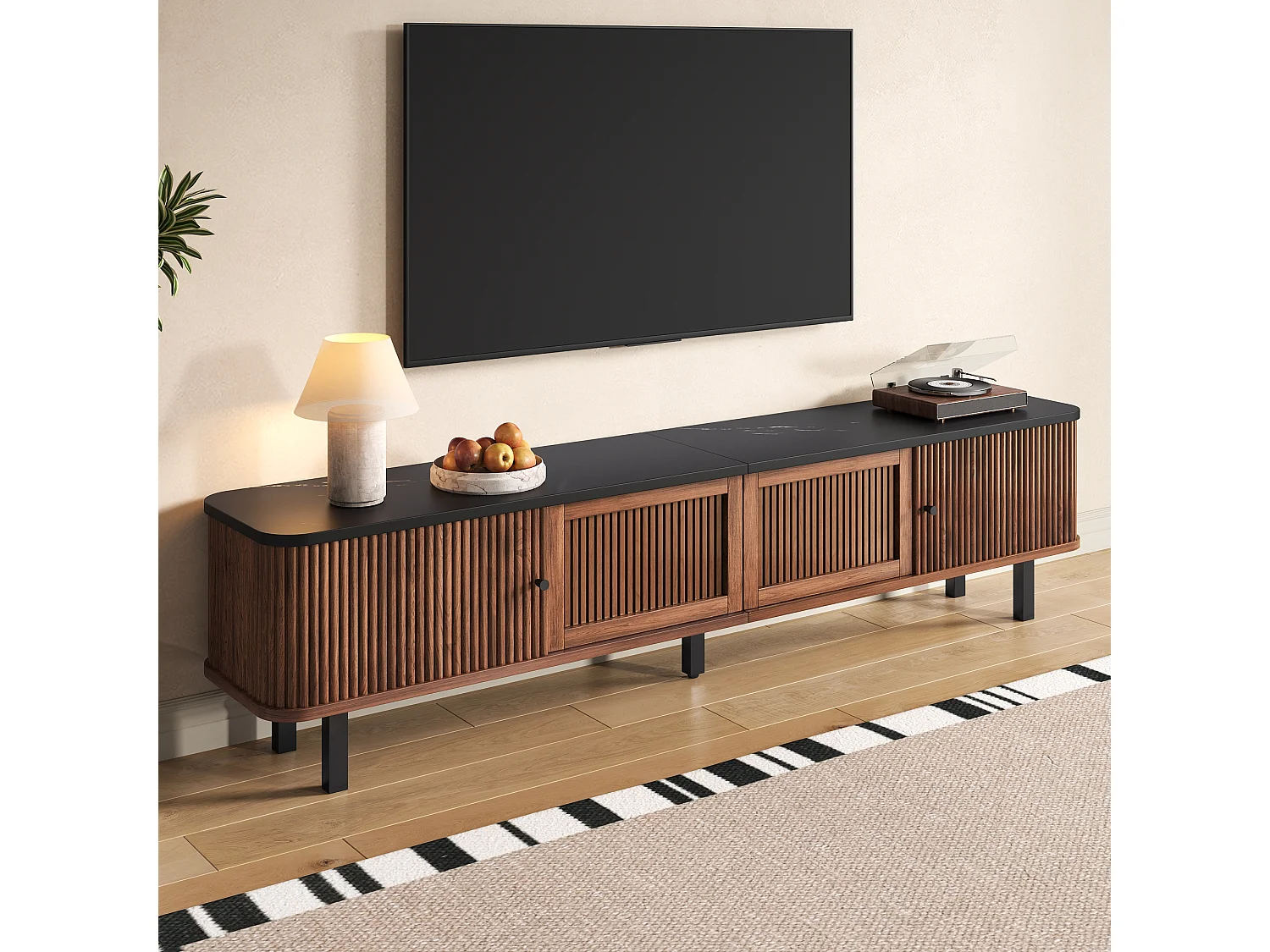 Notenhouten tv-meubel 190x35x45 cm met schuifdeuren, roosterdeur en zwart ijzeren handgrepen