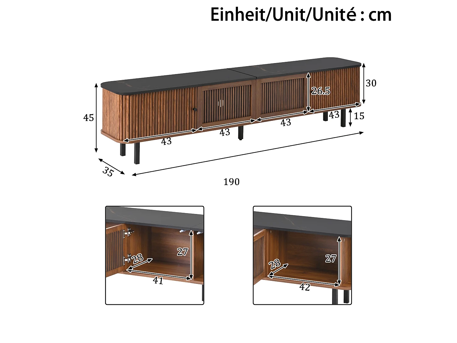 Notenhouten tv-meubel 190x35x45 cm met schuifdeuren, roosterdeur en zwart ijzeren handgrepen