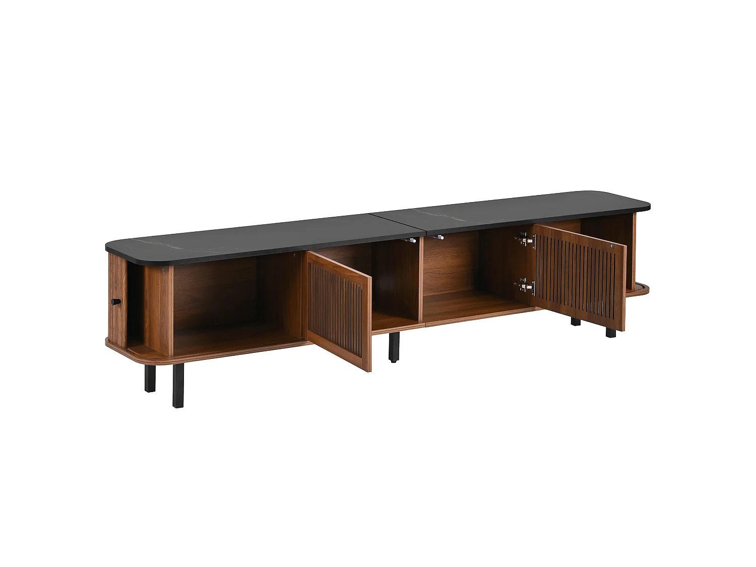 Notenhouten tv-meubel 190x35x45 cm met schuifdeuren, roosterdeur en zwart ijzeren handgrepen