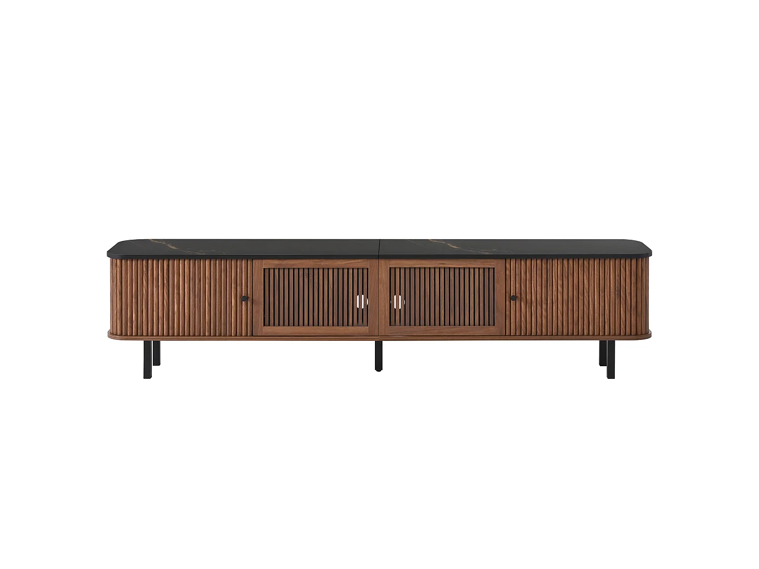 Notenhouten tv-meubel 190x35x45 cm met schuifdeuren, roosterdeur en zwart ijzeren handgrepen