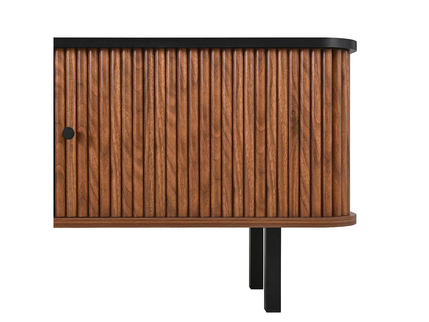 Notenhouten tv-meubel 190x35x45 cm met schuifdeuren, roosterdeur en zwart ijzeren handgrepen