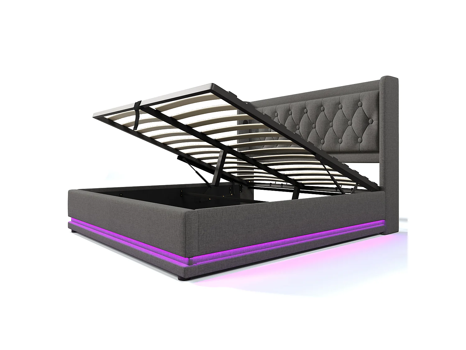 lit coffre 140x200 cm avec tête de lit, USB / Type-C, LED, sommier à lattes - coton - gris - matelas inclus