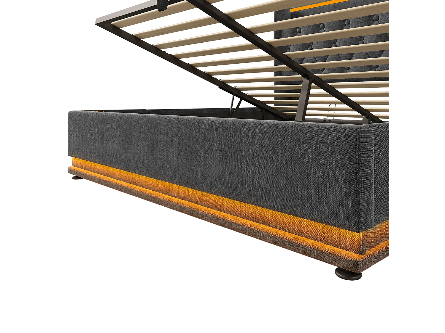 Lit coffre 140x200 cm avec tête de lit avec rangement, LED, USB Type-C, sommier à lattes - lin gris - matelas inclus