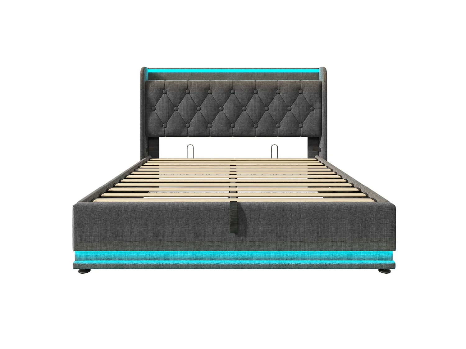 Lit coffre 140x200 cm avec tête de lit avec rangement, LED, USB Type-C, sommier à lattes - lin gris - matelas inclus